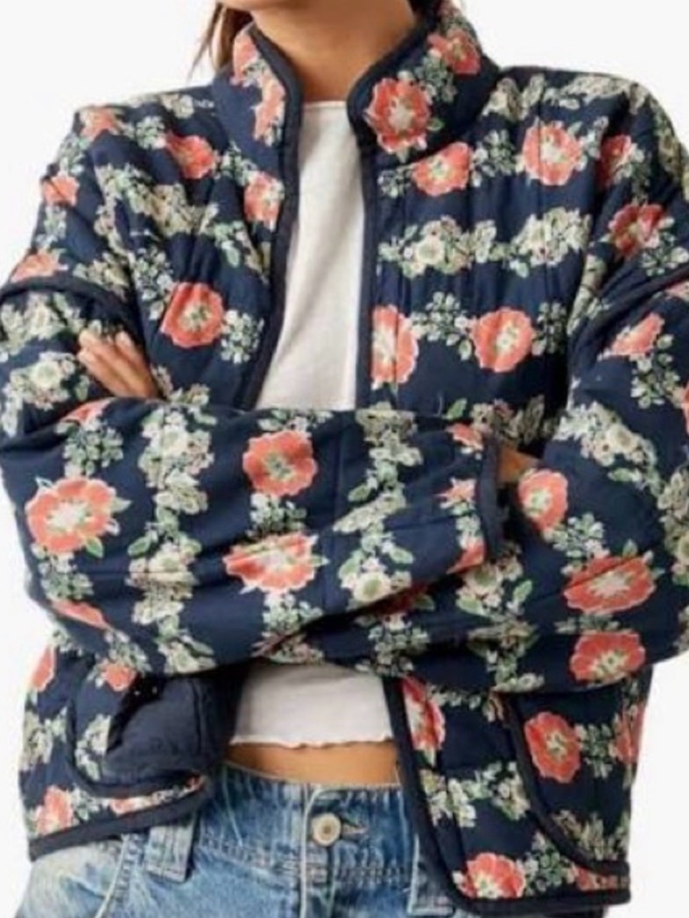 Free People Black Quilted Jacket with Coral & Cream Floral Print - Picture 4 of 10
